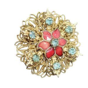 Vintage GLAM Red Enamel & Crystal Rhinestone Poinsettia Christmas Brooch Pin